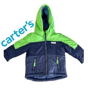 CARTERS HOODED PUFFER JACKET SZ 12 MONTHS BABY KAWAII COLORBLOCK COAT GREEN/BLUE